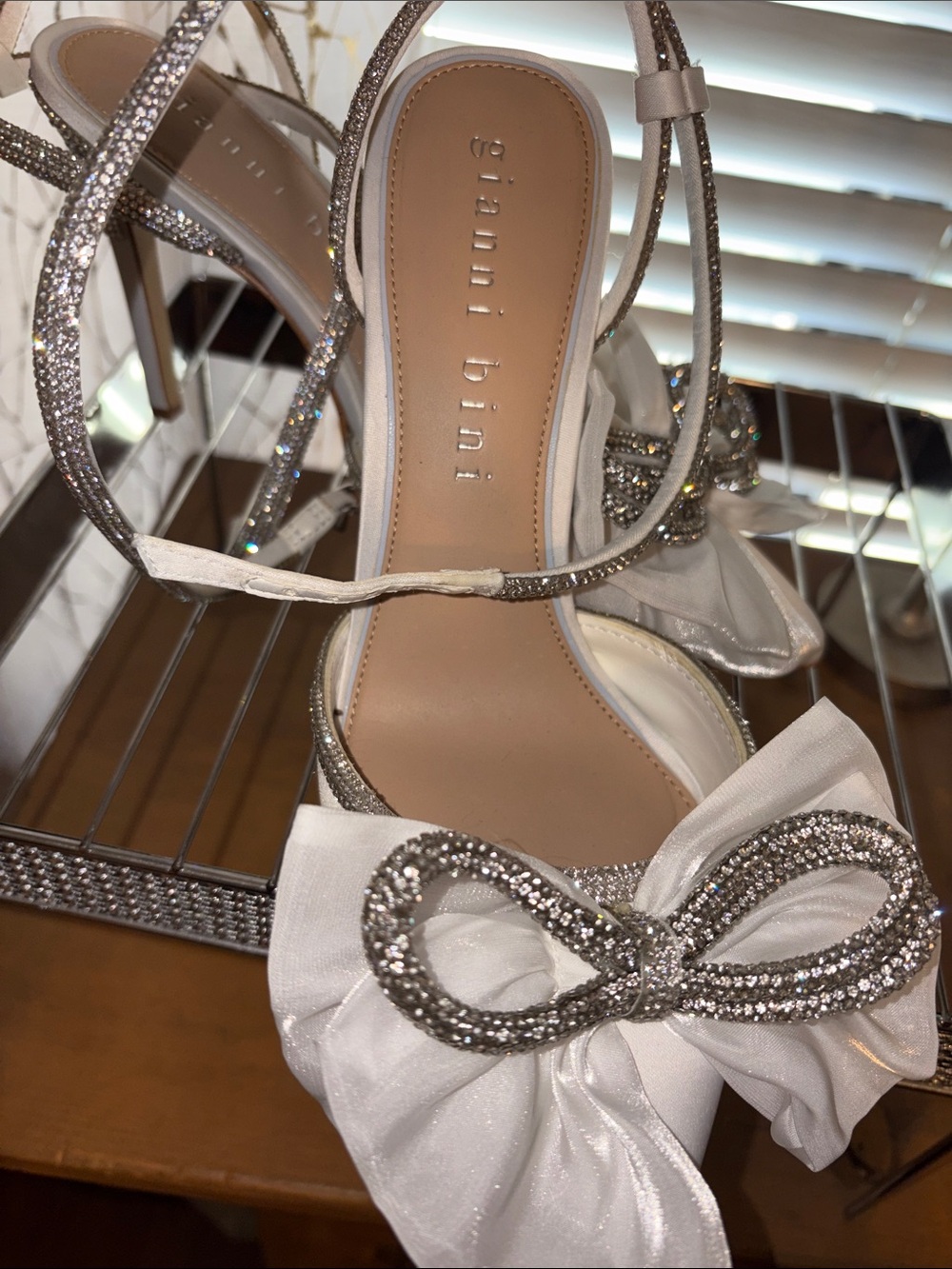 Gianni Bini White Satin Bow Crystal Strap Heels